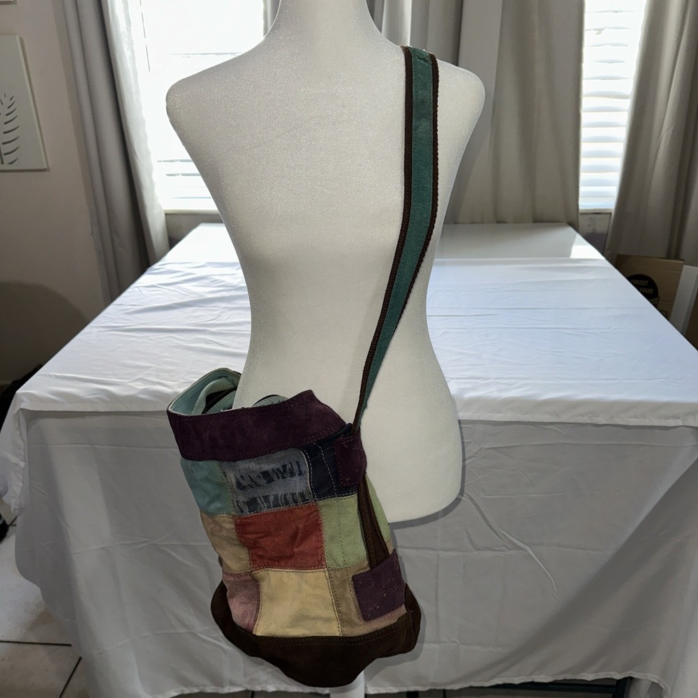 Lucky Brand Vtg Large Suede/Canvas Adjustable Strap Exquisite Patchwork Tote/Bag